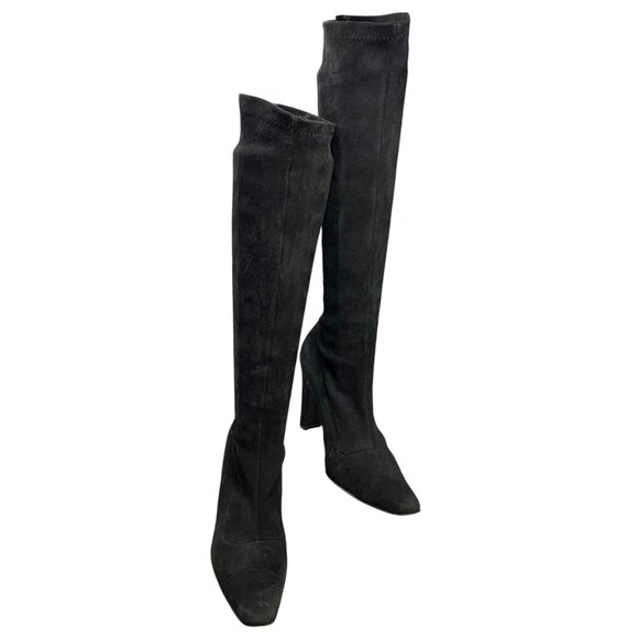 Bergdorf Goodman Black Suede Stretch Pull On Heeled‎ Tall Boots - Picture 12 of 14